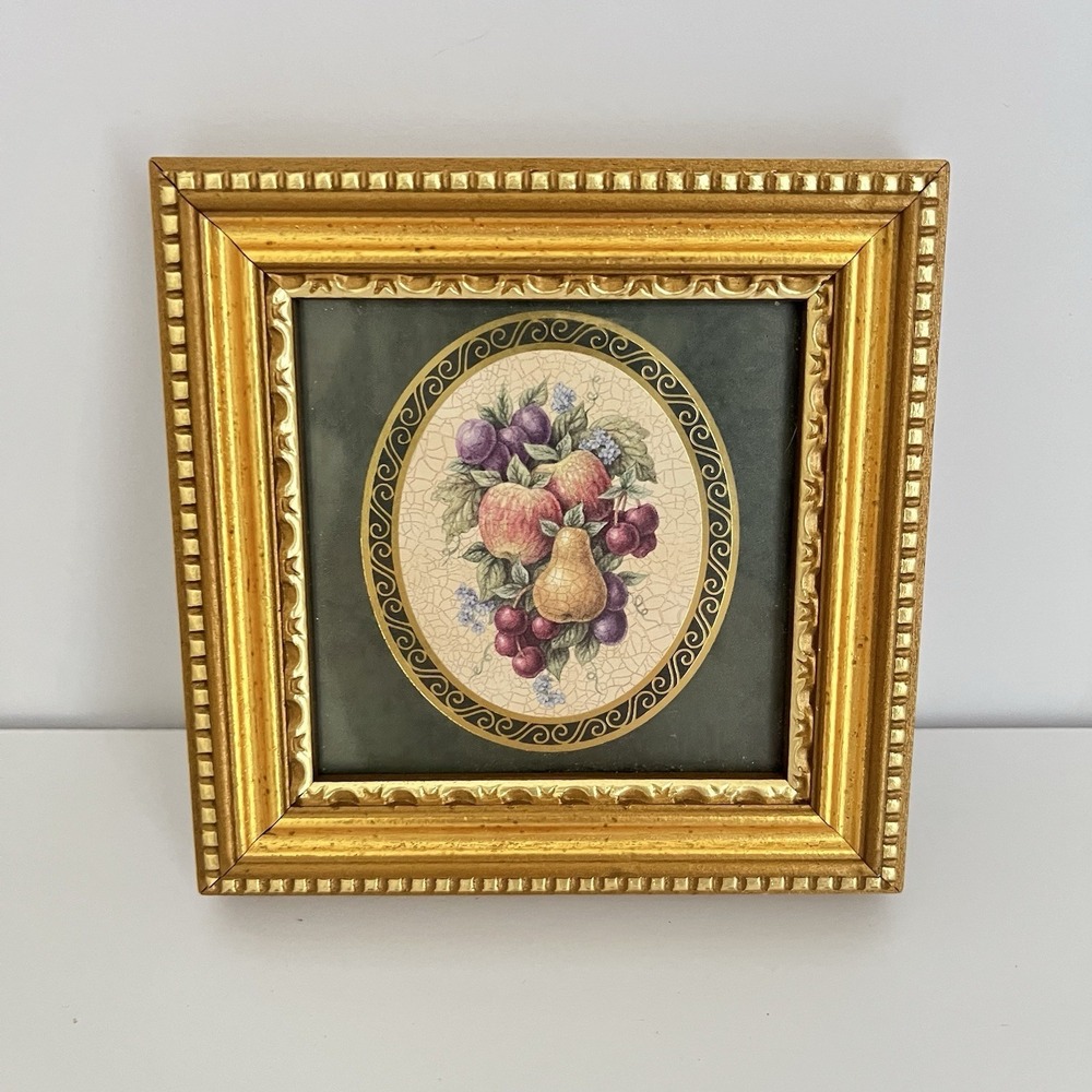 Vtg 90s Mini‎ Art Print Gold Vintage Style Ornate Frame Gallery Wall green fruit